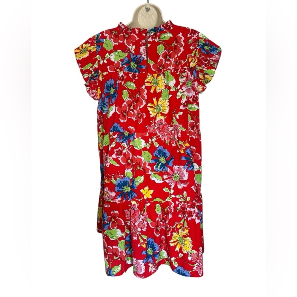 Floral Red Midi Dress with Ruffle Sleeves - Picture 4 of 6